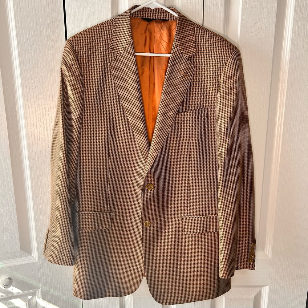 Baroni Couture Houndstooth‎ Silk Wool Sport Coat Blazer Size 40L Orange Brown